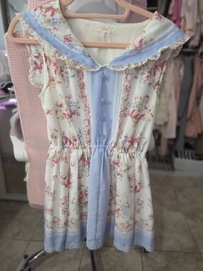 LIZ LISA Floral Sailor Collar Sleeveless Dress Top in Cream and Light Blue
